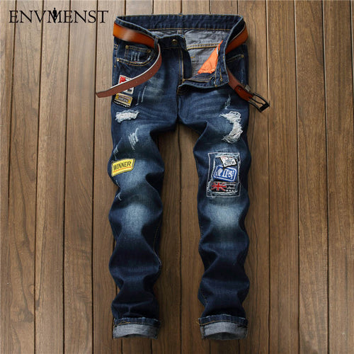 Men's Patched Badge Painted Jeans - Chirse Clothing Company 