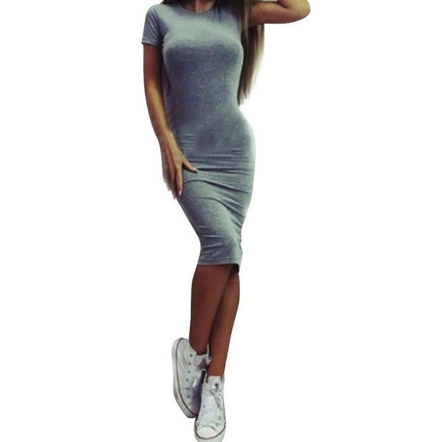 Women Dress Fashion Sexy Solid Short Sleeve  Slim A-Line :Knee-Length Dresses Women's Clothing #LYW - Chirse Clothing Company 