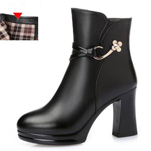 Women Platform Ankle Boots Round Toe High Heels Winter Shoes Woman Genuine Leather Boots Ladies Autumn Boots - Chirse Clothing Company 