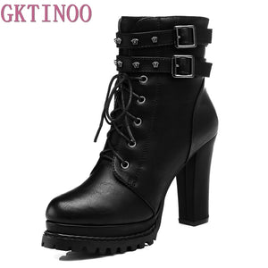 GKTINOO 2018 Winter Fashion Women Boots High Heels Platform Buckle Lace Up Leather Short Booties Black Ladies Shoes Good Quality - Chirse Clothing Company 