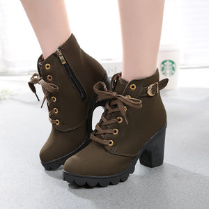 Womens Fashion High Heel Lace Up Ankle Boots - Chirse Clothing Company 