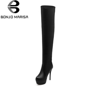BONJOMARISA Plus Size 34-46 Fashion Over Knee Thigh High Boots Women Sexy Thin High Heels Shoes Slip-On Zip Platform Shoes Woman - Chirse Clothing Company 