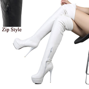 BONJOMARISA Plus Size 34-46 Fashion Over Knee Thigh High Boots Women Sexy Thin High Heels Shoes Slip-On Zip Platform Shoes Woman - Chirse Clothing Company 