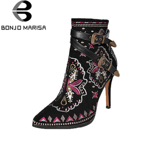 BONJOMARISA Retro Ethnic Embroidery Spring Autumn Shoes Woman High Heels Ankle Boots Sexy Fashion Buckles Lady Footwear - Chirse Clothing Company 