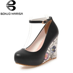 BonjoMarisa Women's Ankle Strap Flower Print High Heel Wedge Shoes Woman 2018 New Buckle Up Platform Pumps Big Size 33-43 - Chirse Clothing Company 
