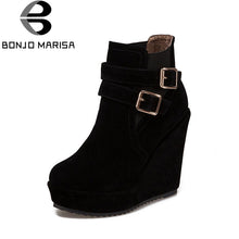 BONJOMARISA Women's Buckle Belt High Heel Wedge Shoes Woman Spring Round Toe Platform Ankle Boots Big Size 32-43 - Chirse Clothing Company 