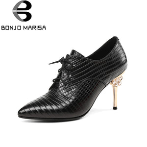 BONJOMARISA Large Size 33-43 Sheepskin Genuine Leather Woman Shoes Sexy Daily High Heels Pumps Ladies Shoes High Quality - Chirse Clothing Company 