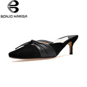 BONJOMARISA Large size34-43 Kid Sued Genuine Leather Mules Pointed Toe High Heels Woman Shoes Butterfly Knot Pumps - Chirse Clothing Company 