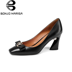 BONJOMARISA New women's Genuine Leather Square High Heels Metal Decoration Shoes Woman Fashion Spring Pumps Big Size 33-43 - Chirse Clothing Company 